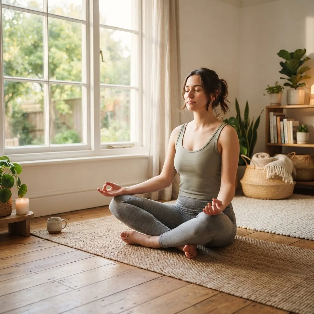 a morning indoor scene featuring a person practicing mindfulness meditation on a yoga mat near a sunlit window, with calming neutral colors