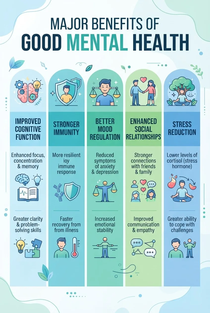 with five vertical columns each depicting one major benefit of good mental health: improved cognitive function, stronger immunity, better