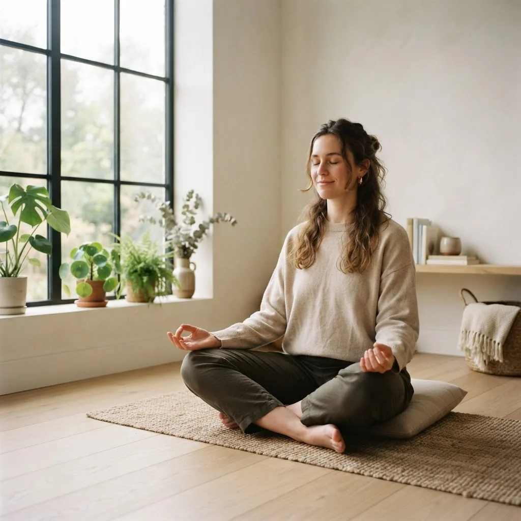 a person sitting cross-legged in a minimalistic room practicing mindful meditation, soft natural light from a window, peaceful expression,