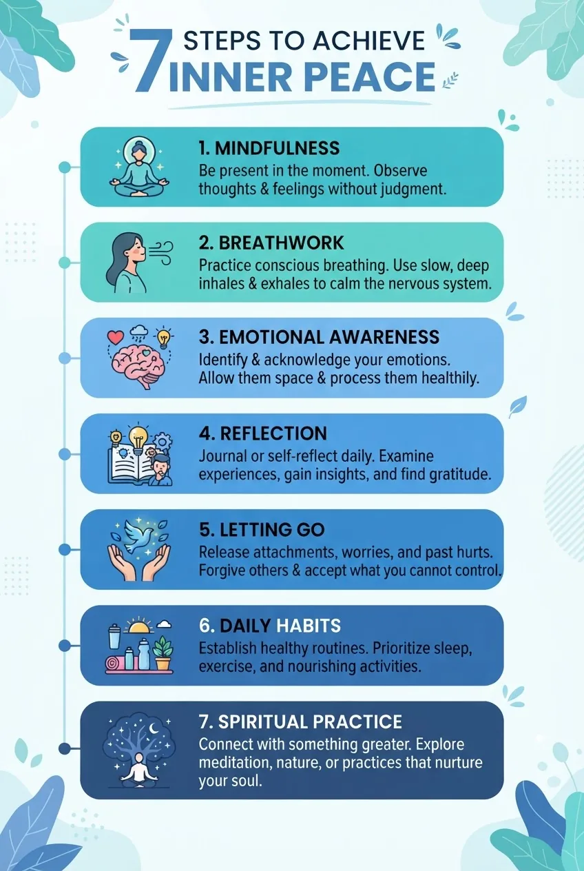 is a vertical layout illustrating 7 clear steps to achieve inner peace: each step displayed in a colored box with a simple icon, including