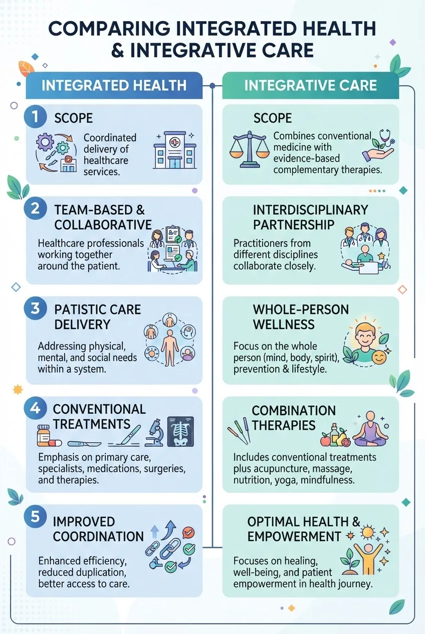 compares integrated health and integrative care side by side in two columns, each with 5 points including scope, team structure, patients