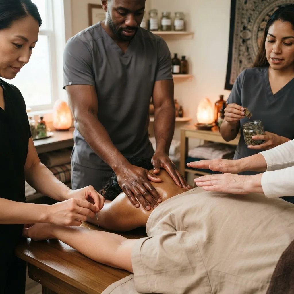 Close-up photo of a diverse set of hands from different practitioners performing various therapies including acupuncture, massage, herbal
