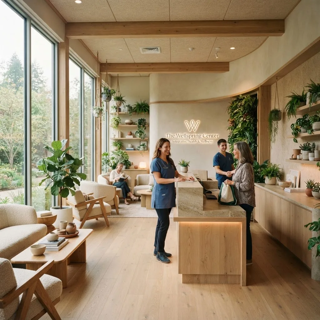 Photograph of a modern integrative health center reception area showing a welcoming natural light-filled space with plants and comfortable