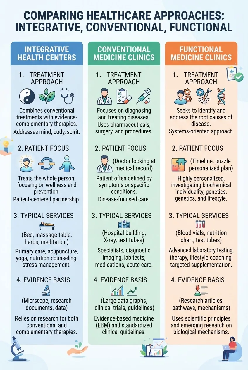 A three-column infographic comparing Integrative Health Centers, Conventional Medicine Clinics, and Functional Medicine Clinics, each