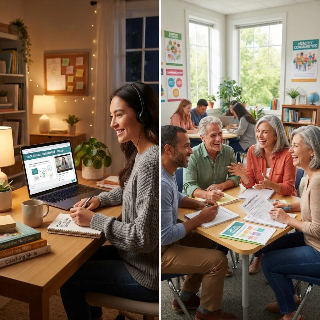 Split image showing two side-by-side scenes: one is a person studying health coaching online at a laptop in a home office with soft