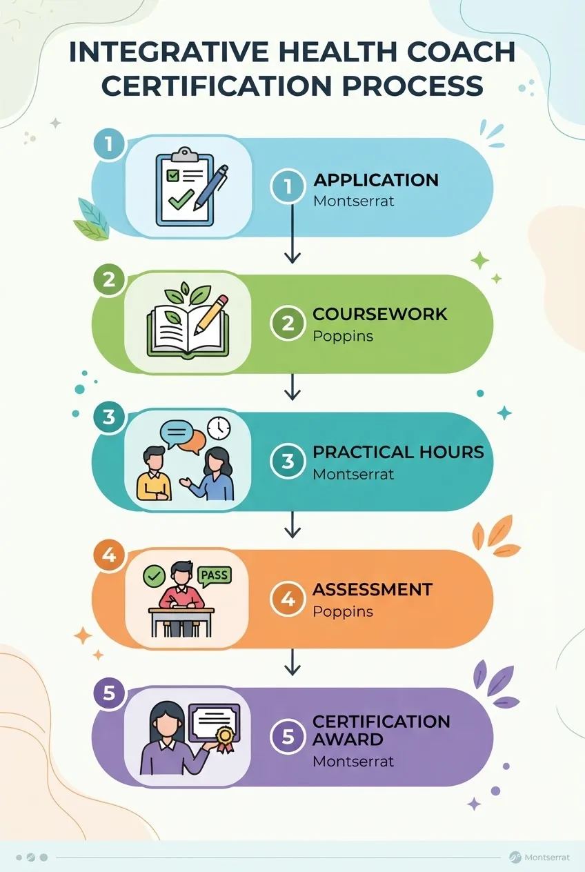 A vertically arranged infographic illustrating the integrative health coach certification process in five steps: Application, Coursework,