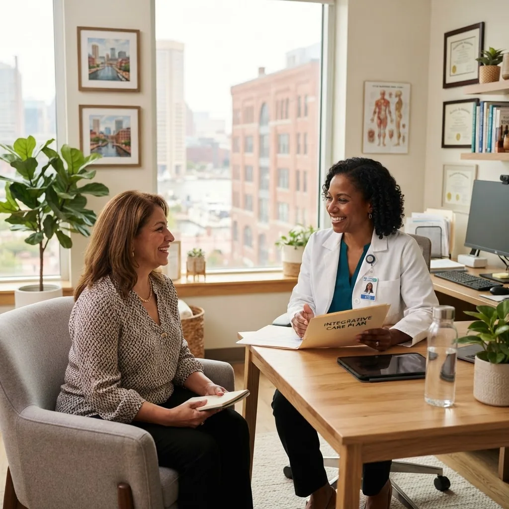 A bright, welcoming modern integrative medicine clinic in Baltimore with a doctor warmly consulting a diverse middle-aged patient, natural