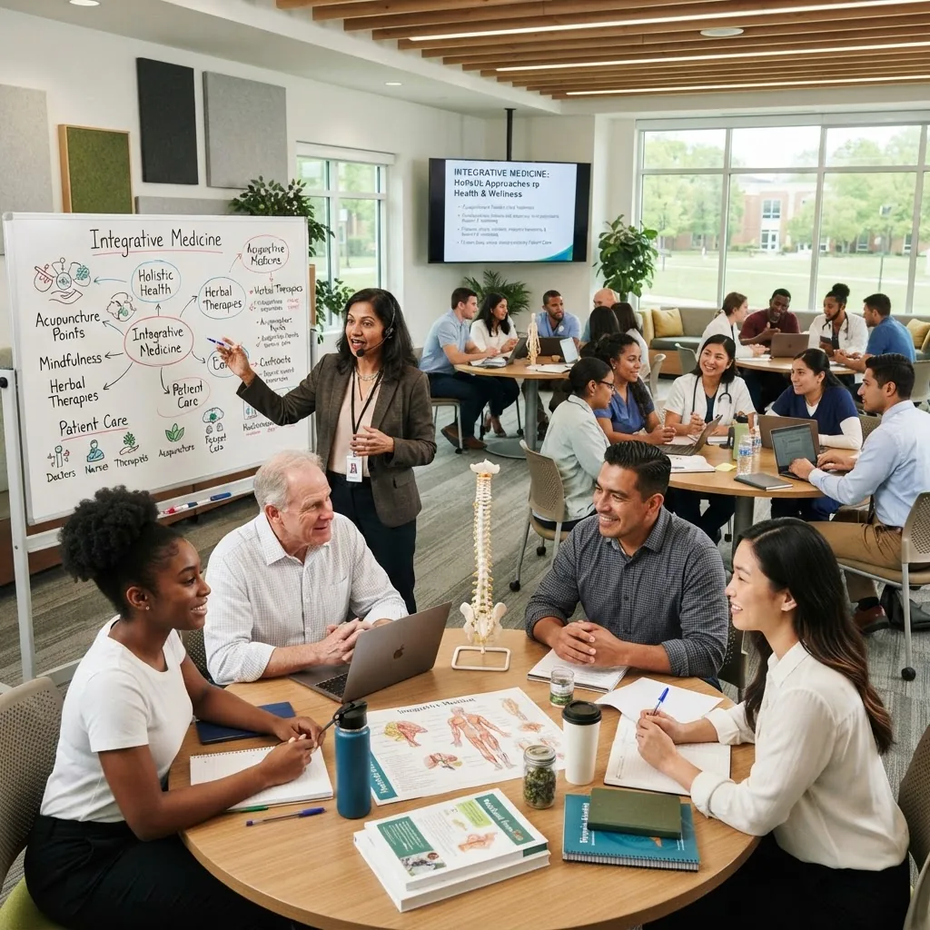 classroom or seminar environment with diverse students and professionals engaging in an integrative medicine training session, with visual