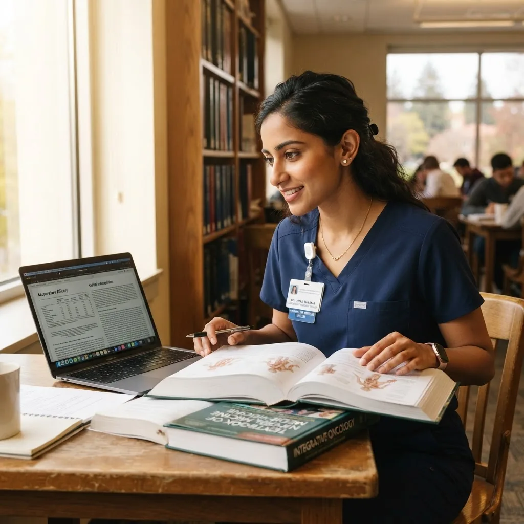 professional young doctor in scrubs in an academic setting reviewing integrative medicine textbooks and a laptop, bright natural light,