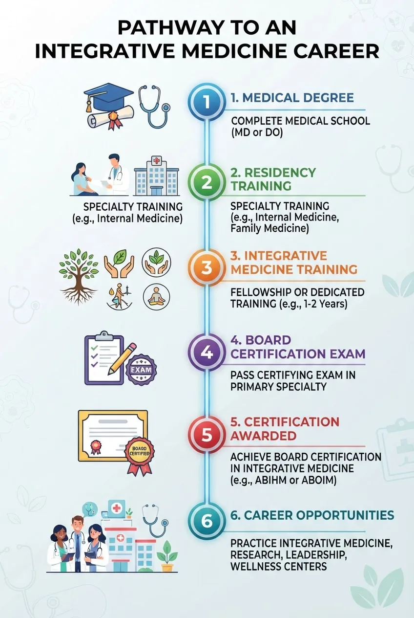 shows a vertical timeline with numbered steps from medical degree, residency, integrative medicine training, board certification exam,