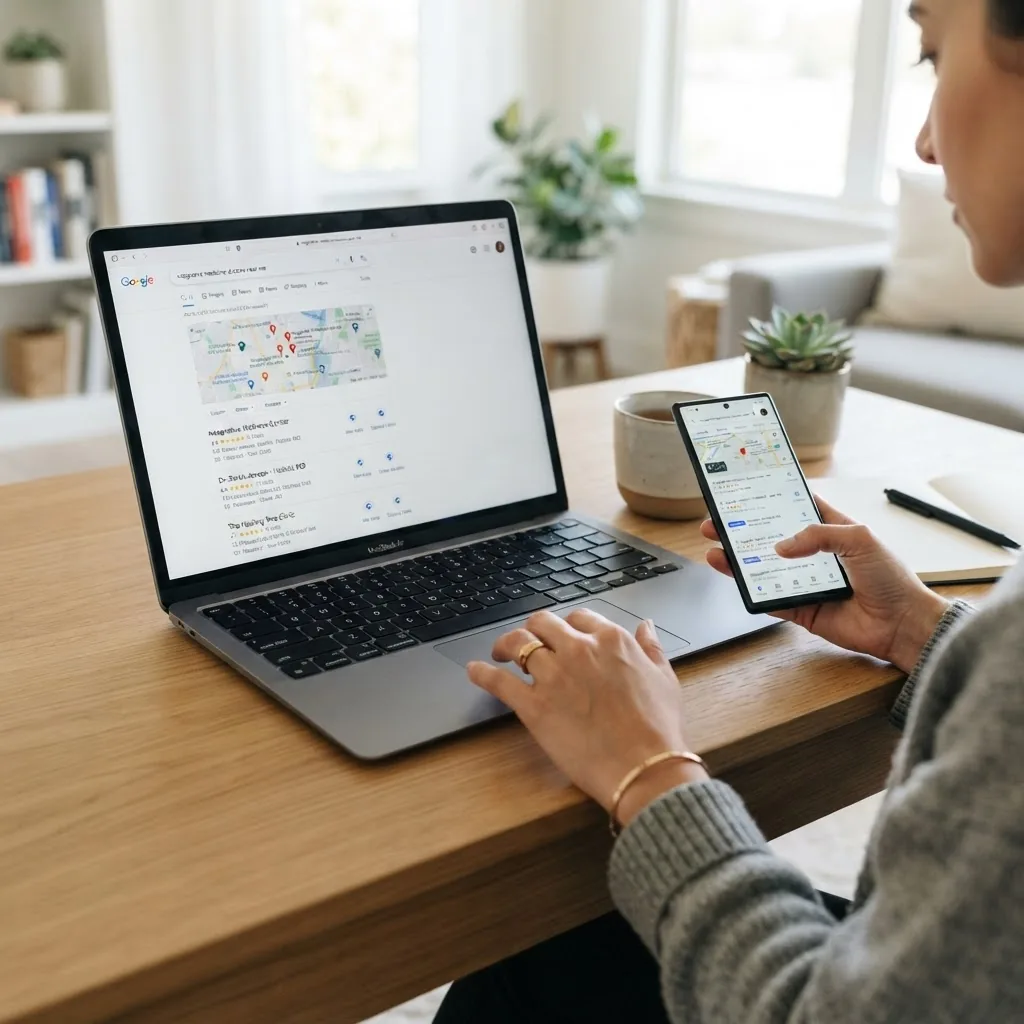 person using a laptop and smartphone at home researching integrative medicine doctors, screen showing a search engine results page with