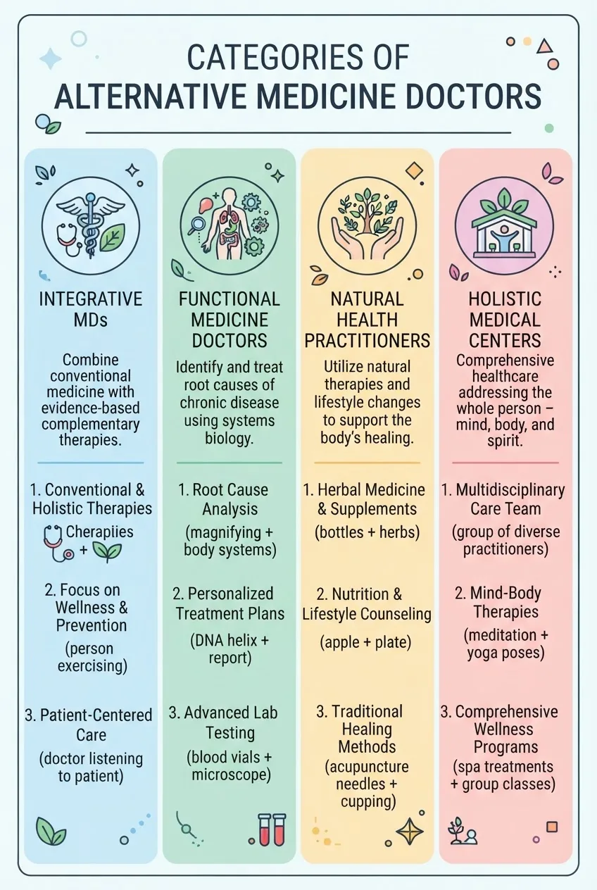 with four columns representing main categories of alternative medicine doctors: Integrative MDs, Functional Medicine Doctors, Natural