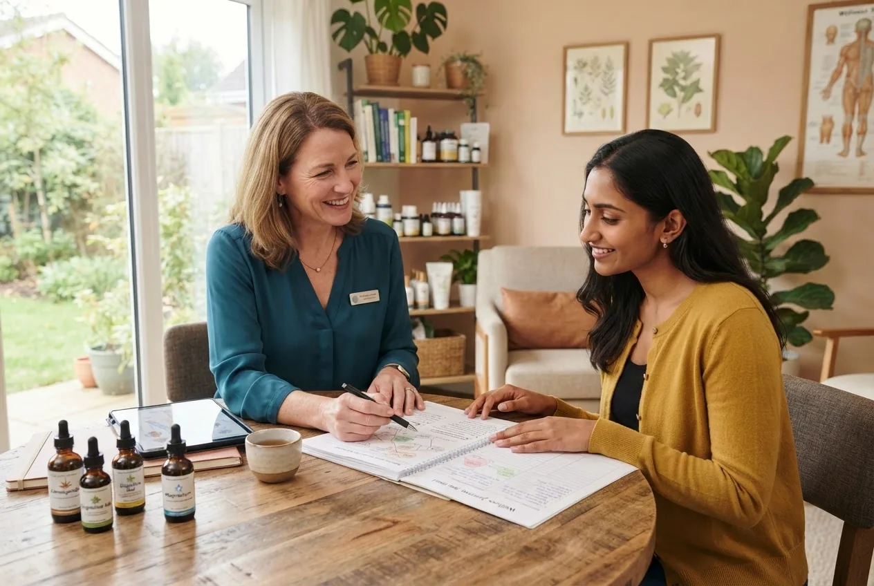warm, well-lit integrative medicine consultation room showing a diverse patient and practitioner discussing holistic health charts and