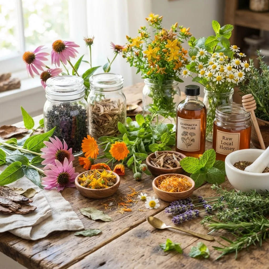 close-up of a variety of fresh medicinal plants and botanical supplements arranged on a wooden table in a bright natural light, emphasizing