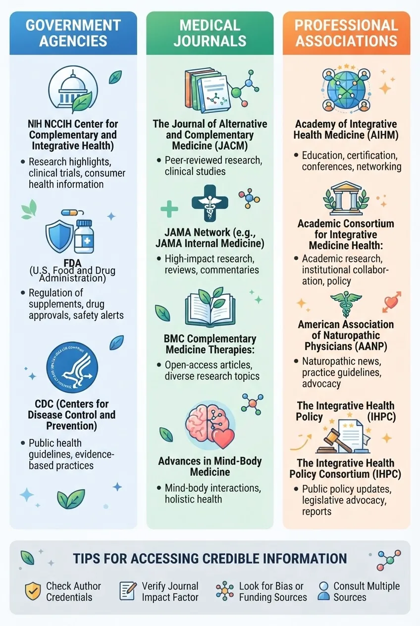 with three columns: Government Agencies, Medical Journals, and Professional Associations, each column featuring 3–4 icons and short bullet