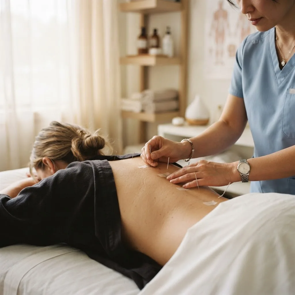 Close-up of hands performing acupuncture on a patient in a calm clinical setting, soft natural light emphasizing healing atmosphere and care