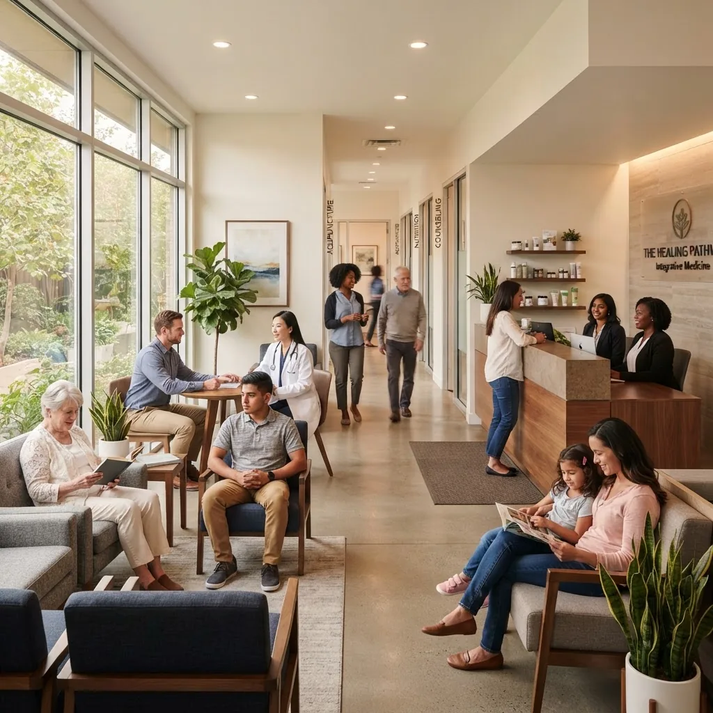 Photo of a modern integrative medicine clinic reception area with diverse healthcare practitioners consulting, warm natural lighting,