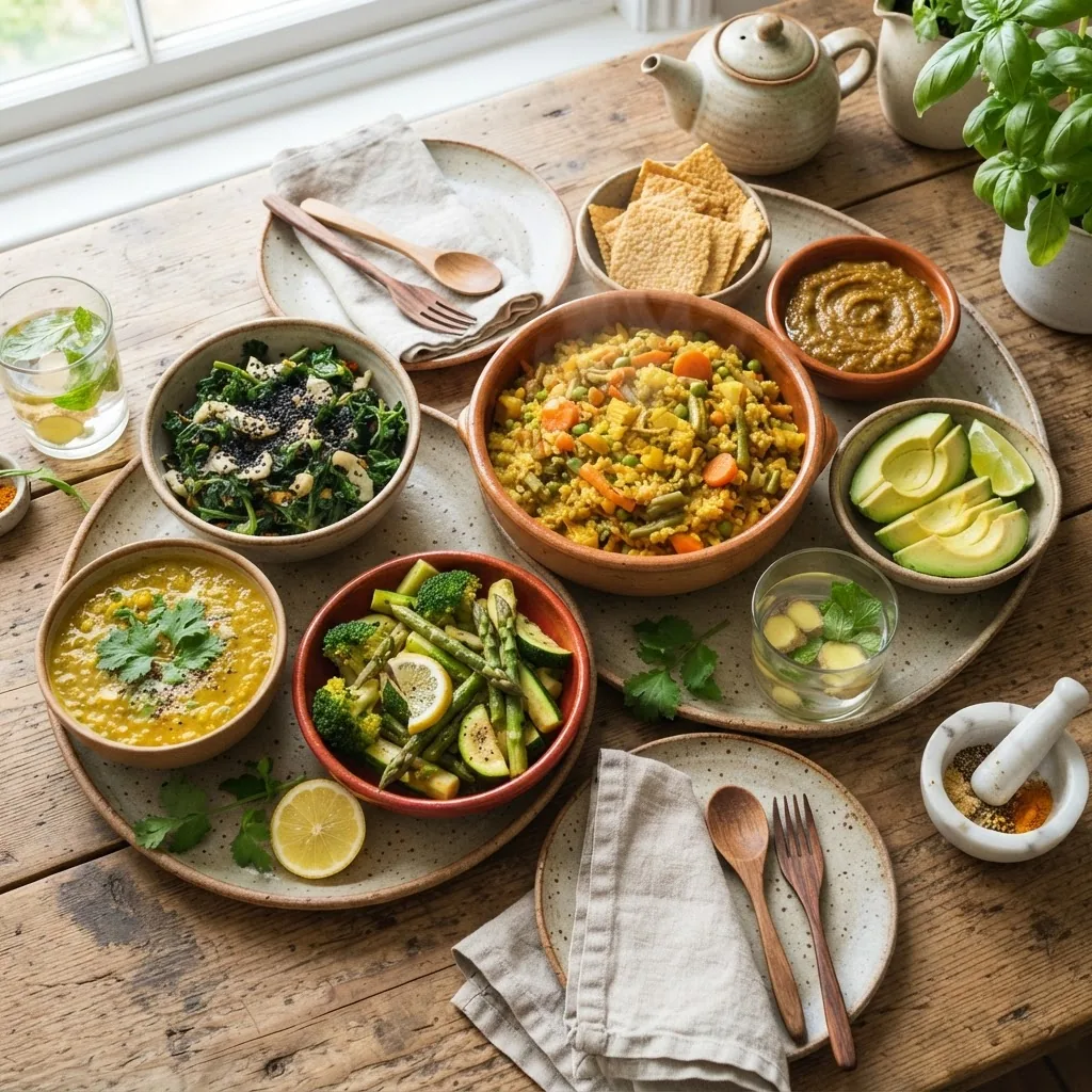 a Kapha-balancing Ayurvedic meal spread featuring warm, light foods and spices such as ginger, black pepper, leafy greens, steamed