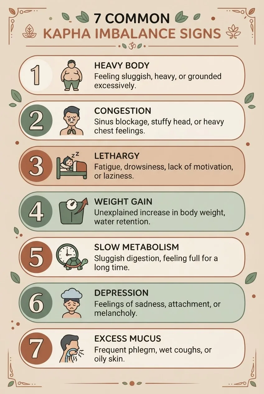 shows a numbered list of 7 common Kapha imbalance signs, each with a simple icon (e.g., heavy body, congestion, lethargy, weight gain, slow