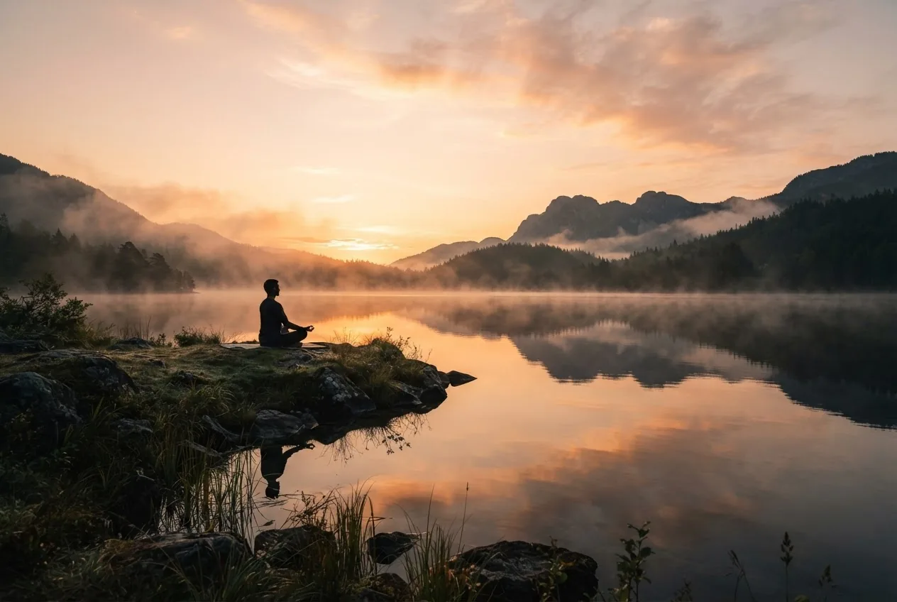 a serene natural scene at sunrise with a silhouette of a person meditating near a calm lake, soft warm light illuminating mist over water,