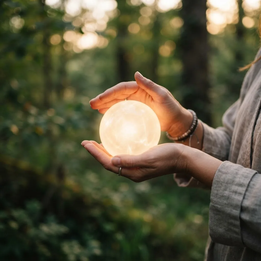 a close-up of hands gently holding a glowing orb of light, set against a soft-focus natural background, symbolizing spiritual energy and