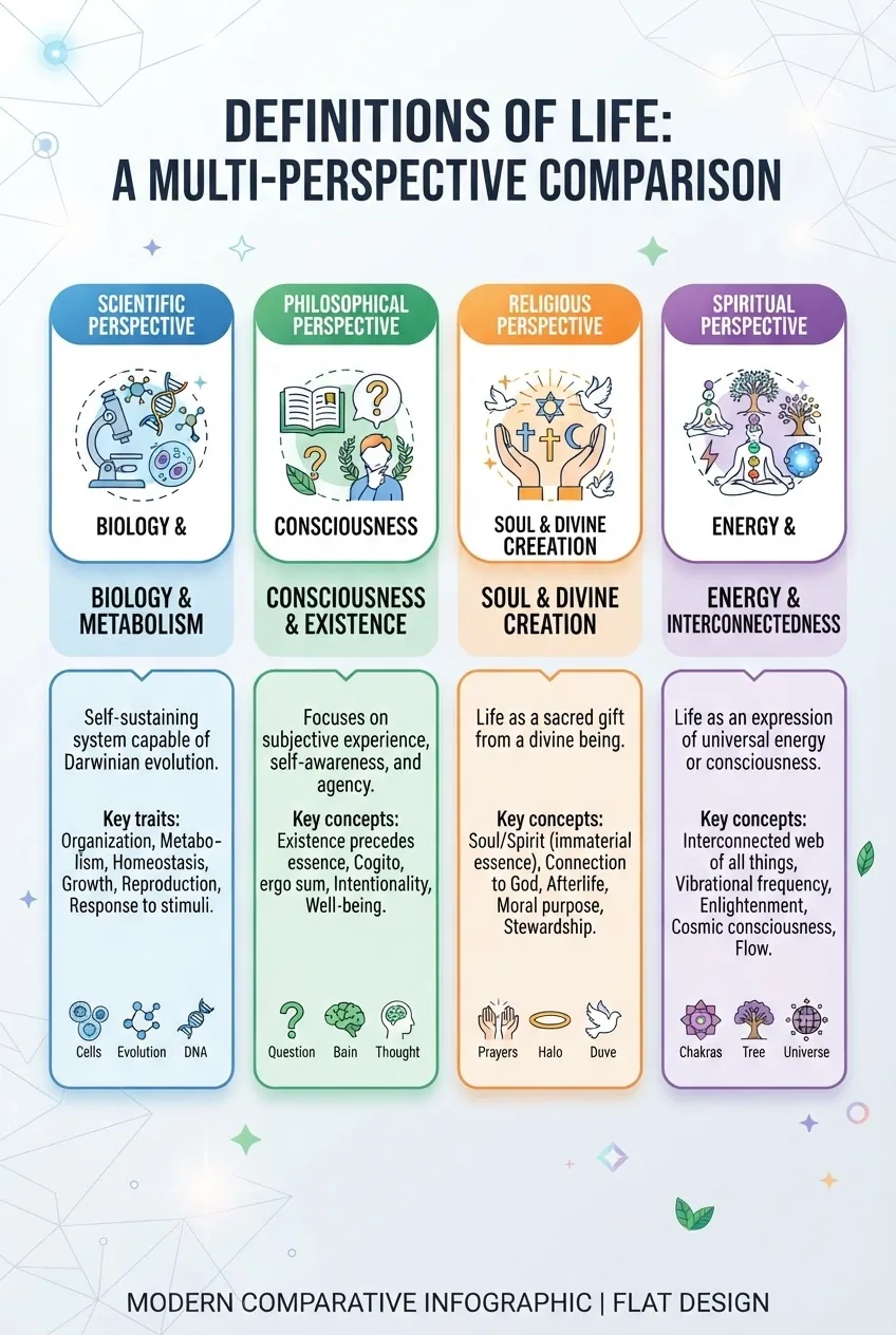 is a multi-section infographic comparing definitions of life across scientific, philosophical, religious, and spiritual traditions; each