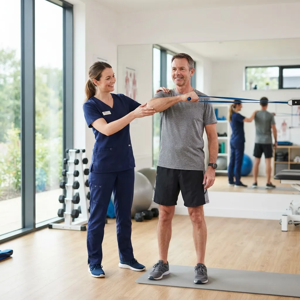 A bright, professional physiotherapy session in a modern clinic showing a therapist assisting a middle-aged patient with exercise
