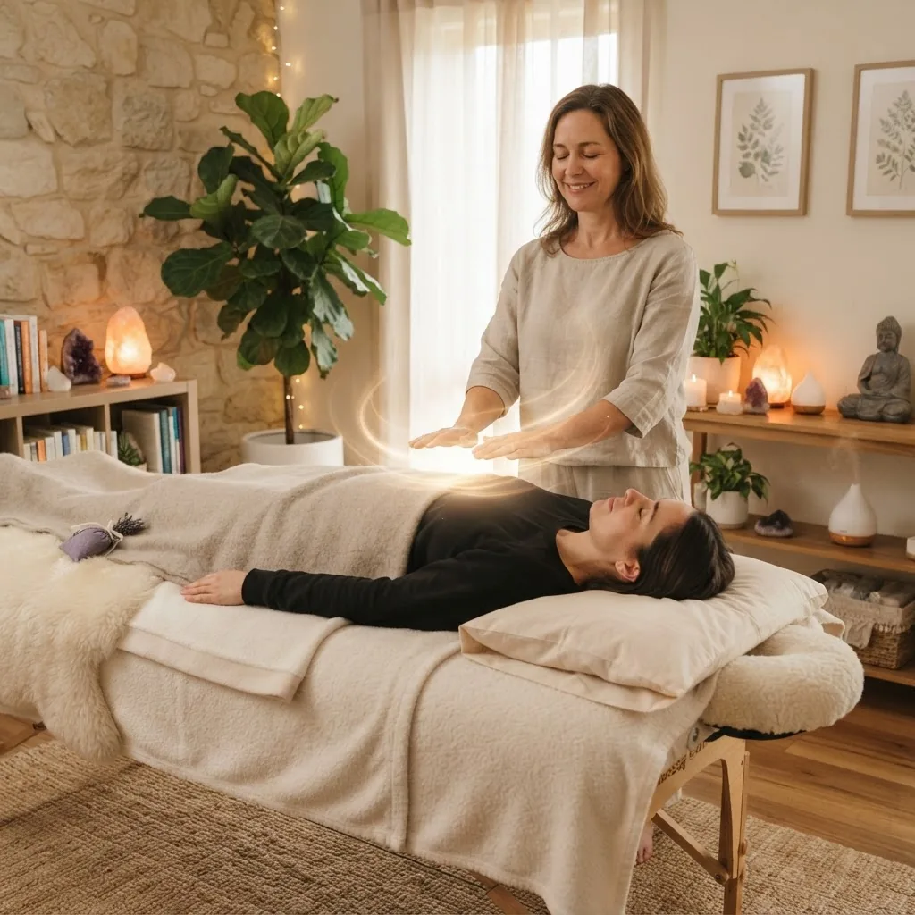 A serene holistic therapy setting illustrating a practitioner performing Reiki energy healing on a relaxed adult patient in a softly lit