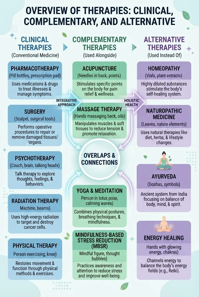 A structured infographic showing three main therapy categories — Clinical, Complementary, Alternative — each with 4-5 therapy types,