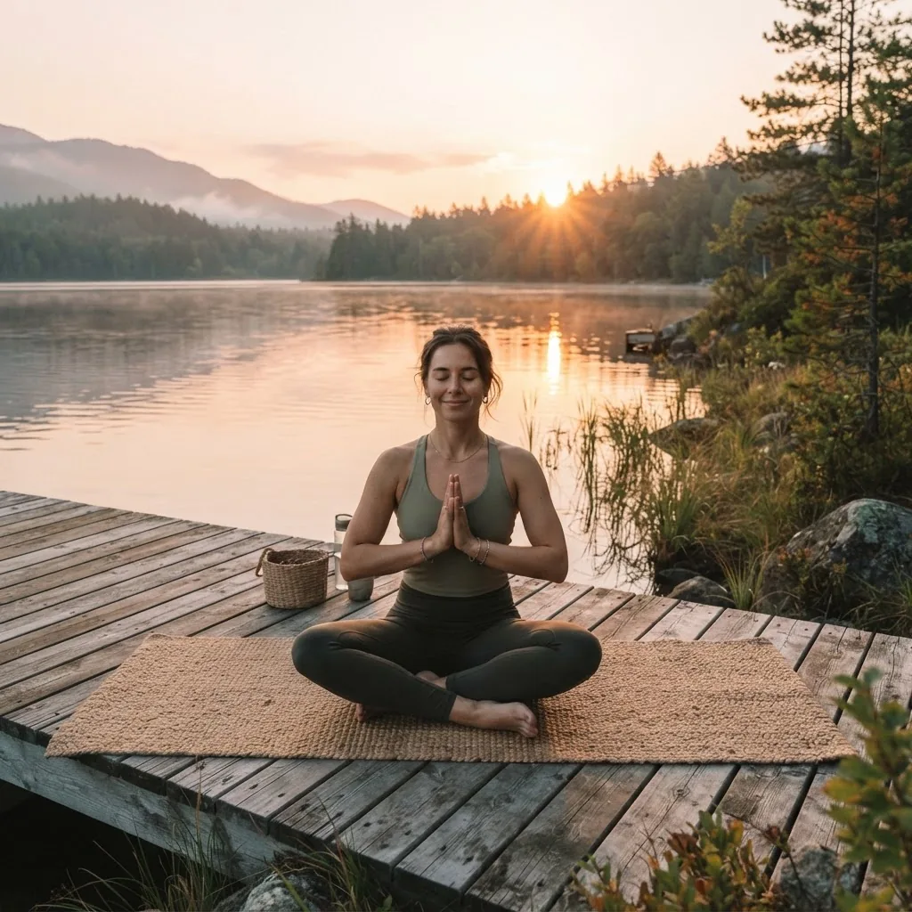 Serene scene of a person practicing gentle yoga outdoors at sunrise near water, calm expression, soft warm light, natural setting evokes