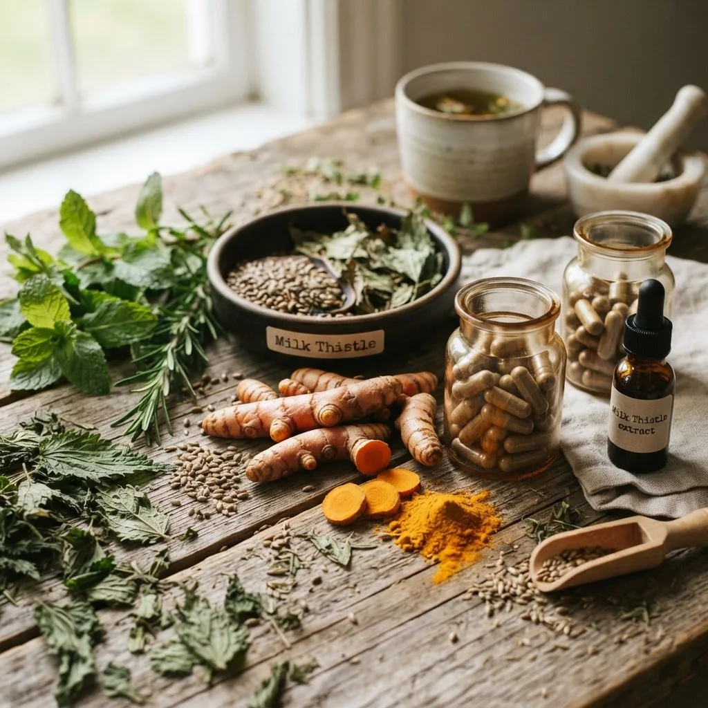 Close-up photo of various medicinal herbs and supplements on a rustic wooden table, including milk thistle, turmeric root, green leaves,