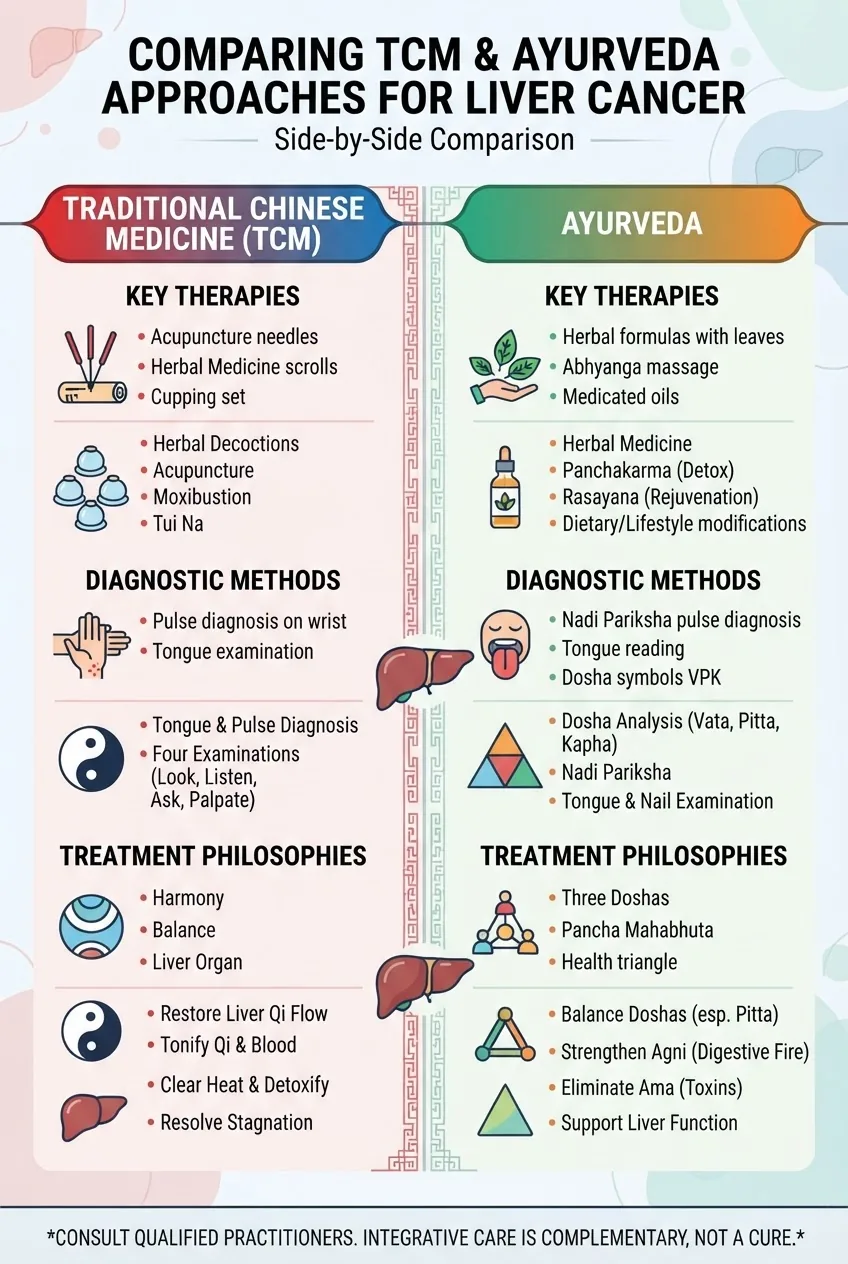 Infographic comparing Traditional Chinese Medicine and Ayurveda approaches for liver cancer, two columns with icons, listing key therapies,