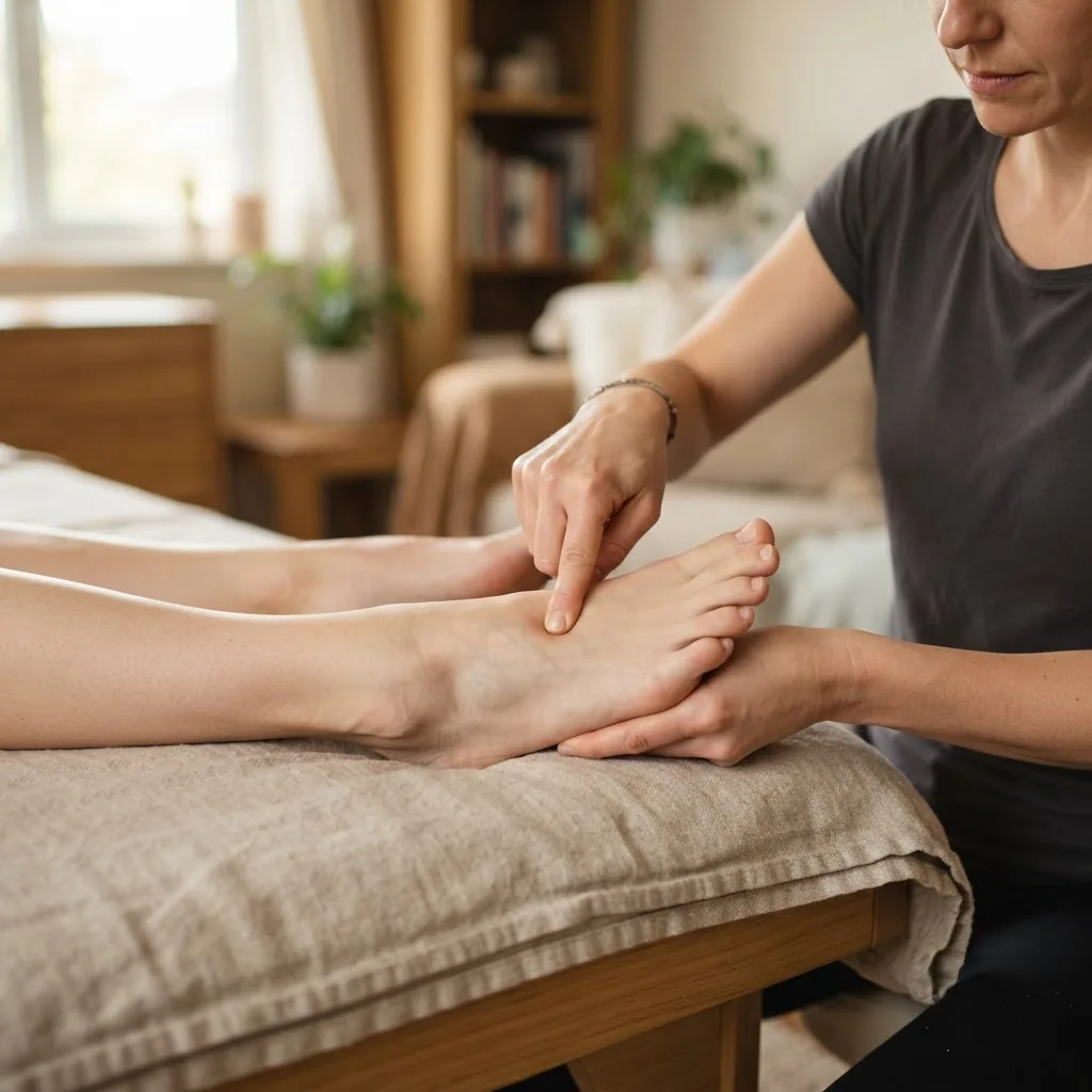 hands demonstrating acupressure finger pressure on the top of the foot at liver point LV3 with soft focused background, warm indoor light,