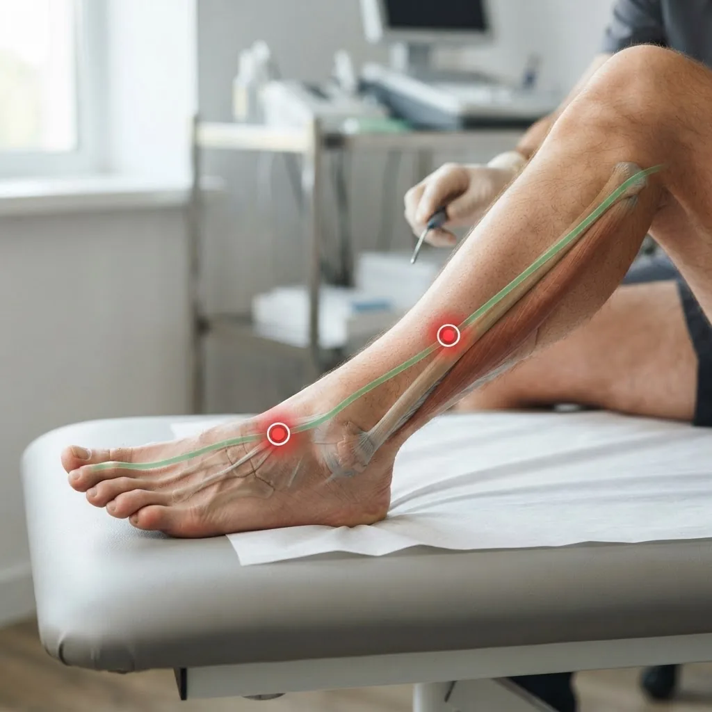 a close-up anatomical illustration-style photo of a person’s leg and foot side view showing the liver meridian pathway with focus on