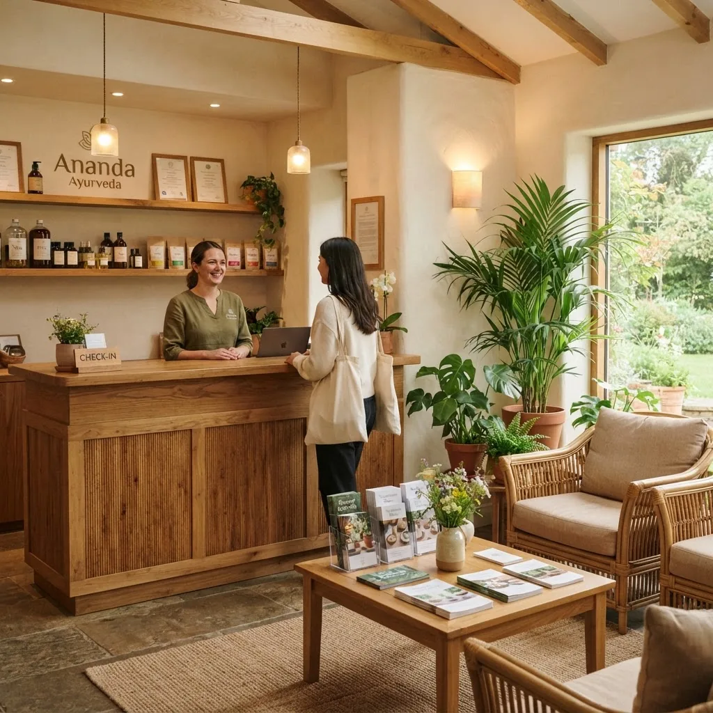 A warm, inviting reception area of an Ayurveda wellness clinic with natural wooden decor, soft lighting, indoor plants, and brochures
