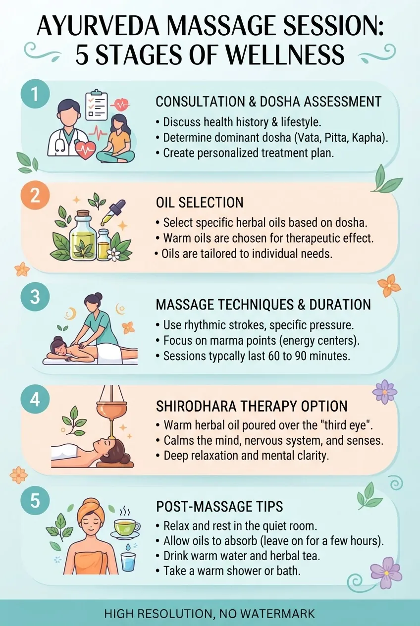 A vertical infographic structured in 5 sequential panels illustrating the stages of an Ayurveda massage session: 1) consultation & dosha