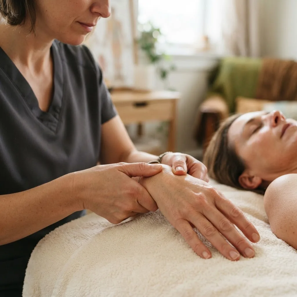 Close-up image of a practitioner performing acupressure on a patient’s hand, focused on thumb pressing energy points, with soft diffuse