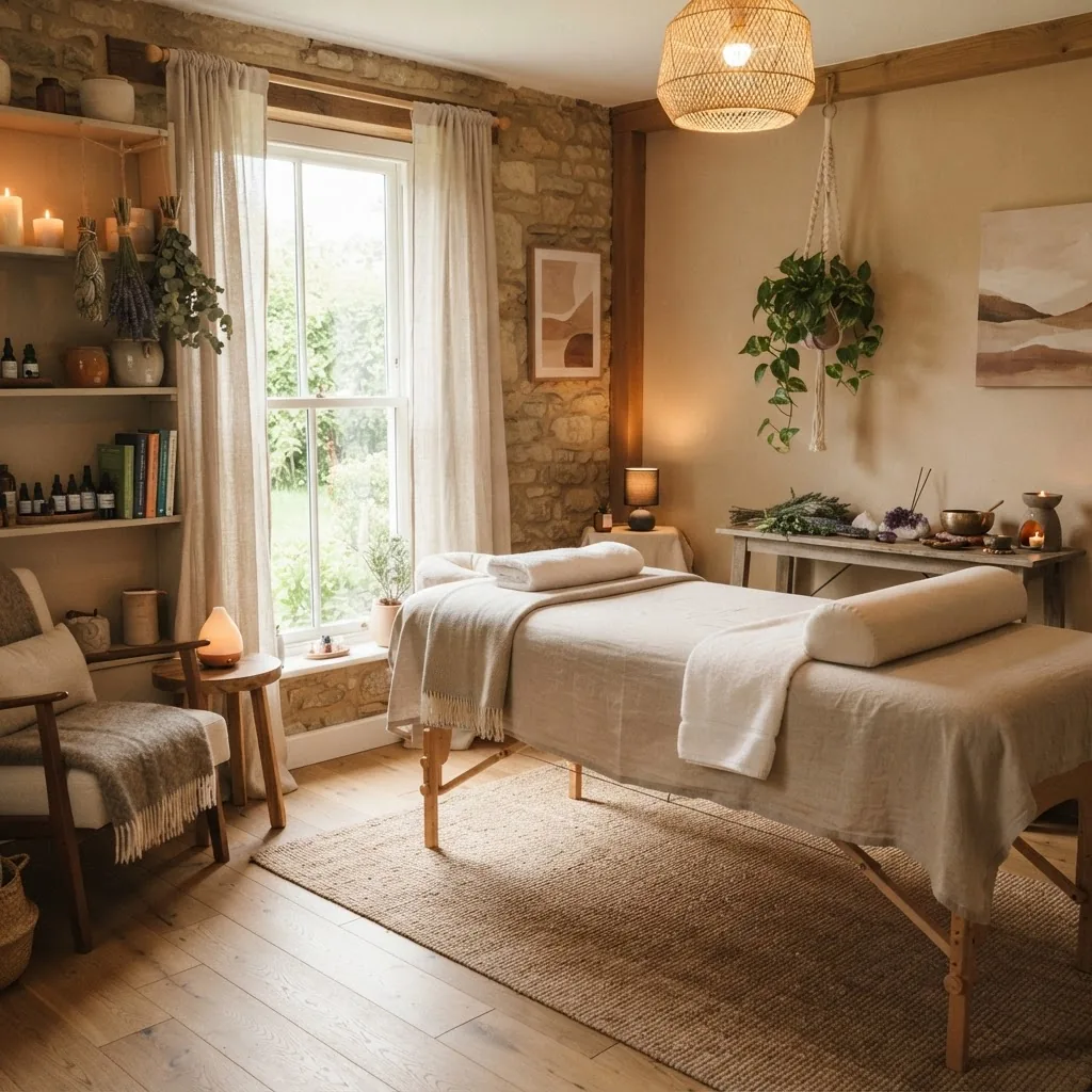 A peaceful therapy room interior with a massage table, soft natural lighting, calming earth tone decor, and elements suggesting alternative