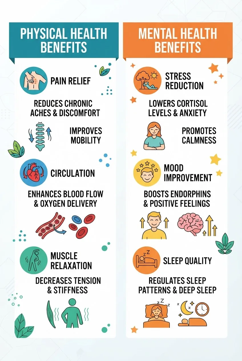 A clean infographic divided into two columns: one listing physical health benefits with icons (pain relief, circulation, muscle relaxation)