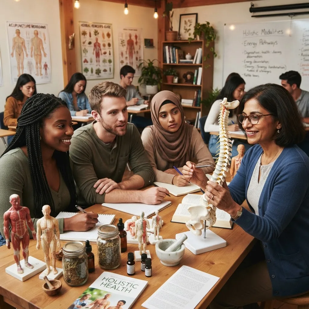 close-up of diverse students attending a holistic health science classroom; a professor demonstrates natural therapies models with charts