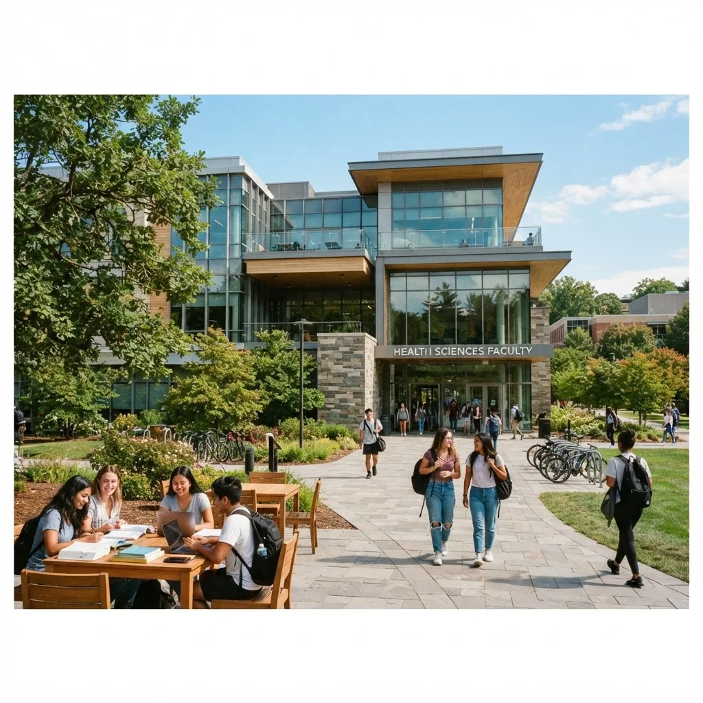 bright, modern university campus building on a sunny day with students walking and studying outside; focus on health sciences faculty
