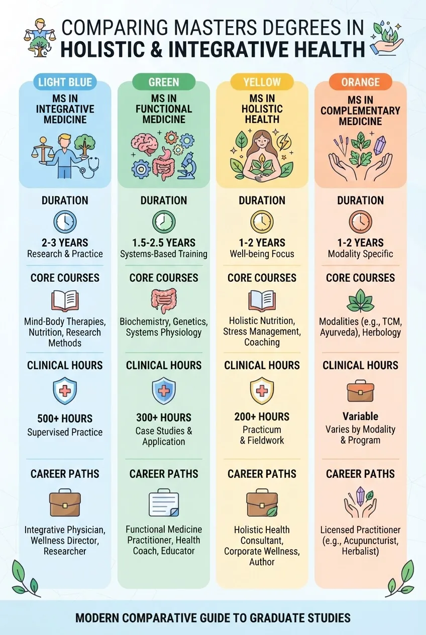 with four columns comparing masters in integrative medicine, functional medicine, holistic health, and complementary medicine degrees; each