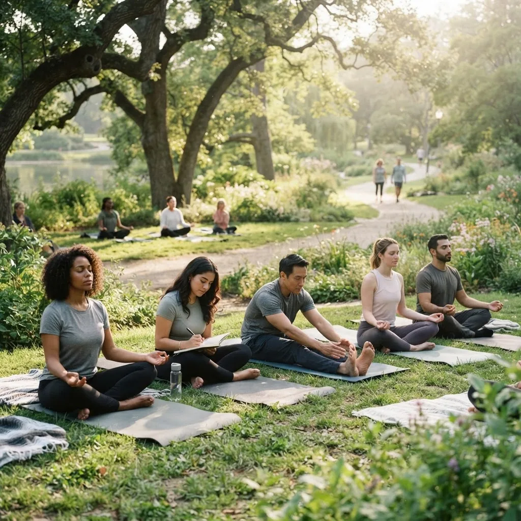 A diverse group of people practicing mindfulness exercises in a serene park with gentle sunlight, focusing on activities like deep