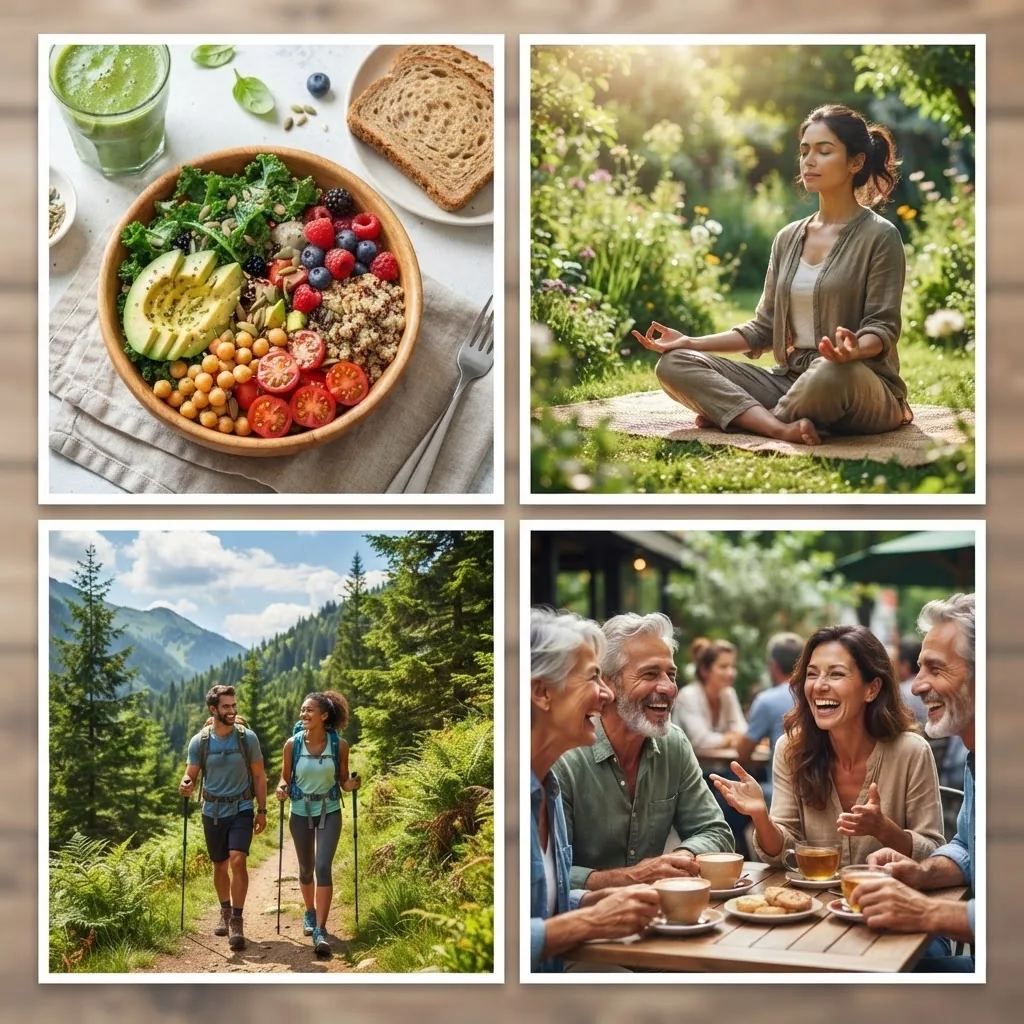 healthy foods, meditation practice, nature walk, and social interaction, symbolizing the multi-dimensional aspects of holistic lifestyle,