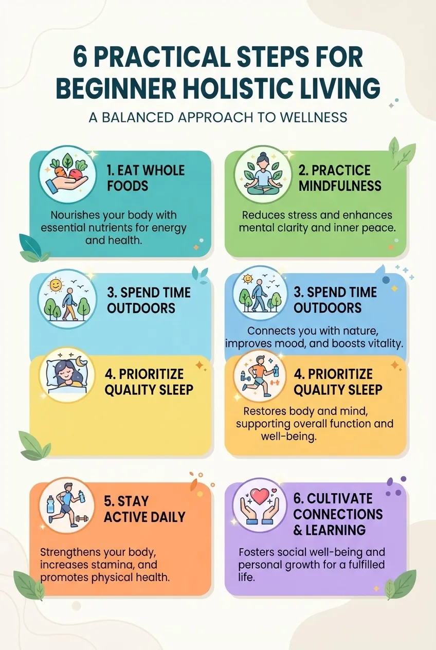 with a numbered list of 6 practical beginner steps for holistic living, each step illustrated by a simple icon (e.g., leaf for nutrition,