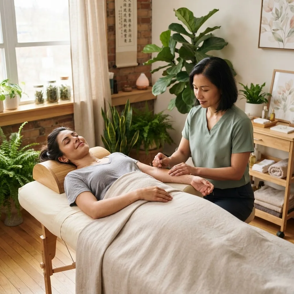 a calming wellness clinic environment featuring a practitioner performing acupuncture on a relaxed patient, natural light filtering in,