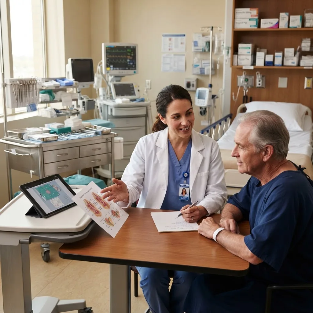 a well-lit hospital treatment room with a doctor explaining surgical and pharmacological options to a patient, showing medical instruments