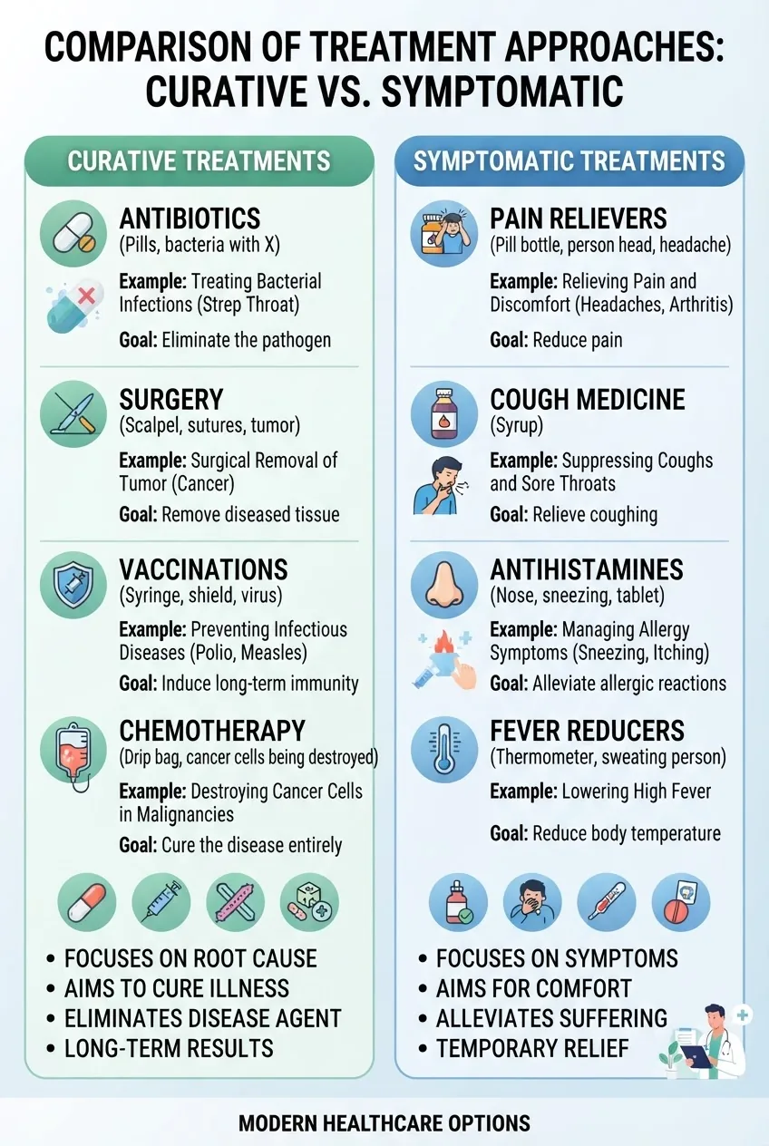 is divided into two columns comparing curative treatments and symptomatic treatments, each with 4 icons representing examples, benefits,