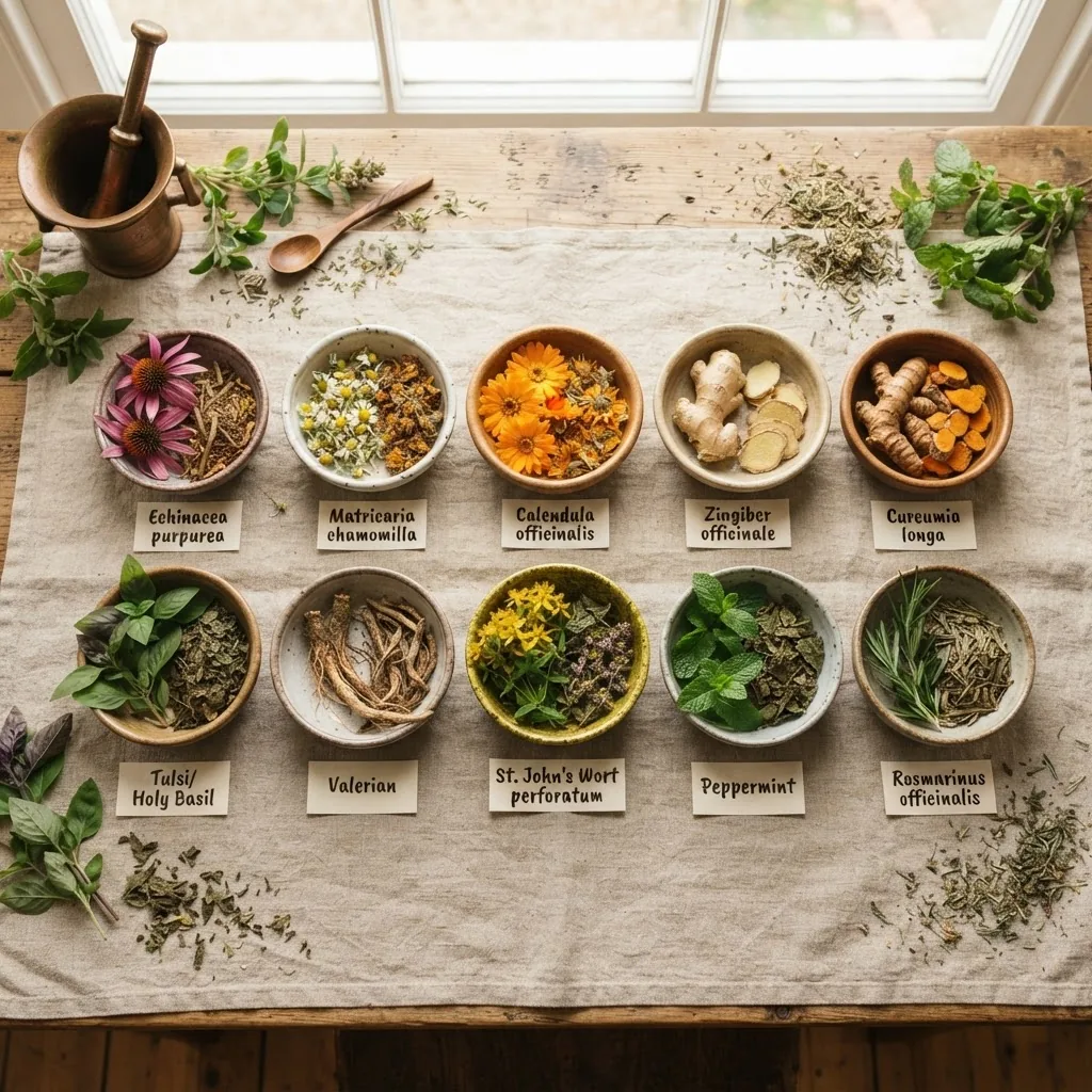Artistic top-down photo featuring fresh and dried forms of the top 10 medicinal plants (including leaves, flowers, roots) placed in small