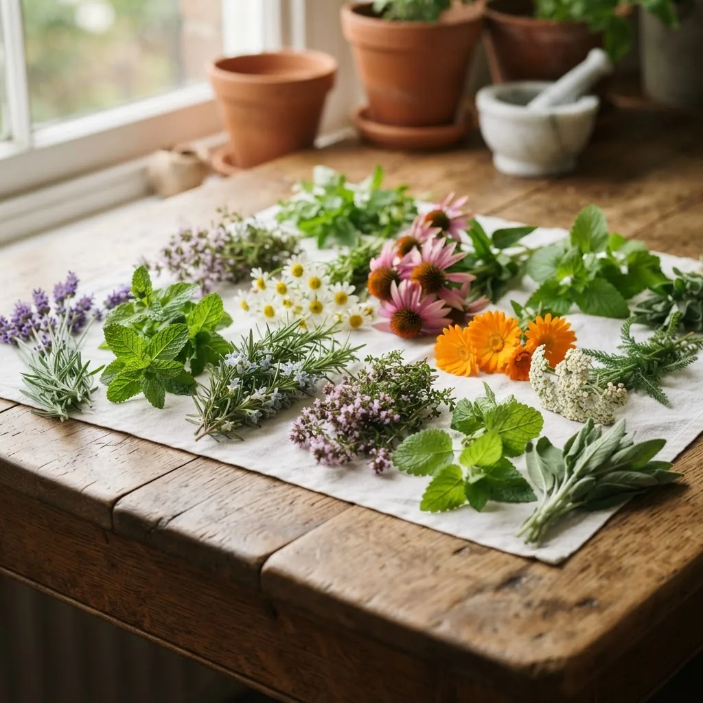 Close-up photo of various medicinal herbs and plants arranged neatly on a wooden table, each showing distinctive leaves and flowers,